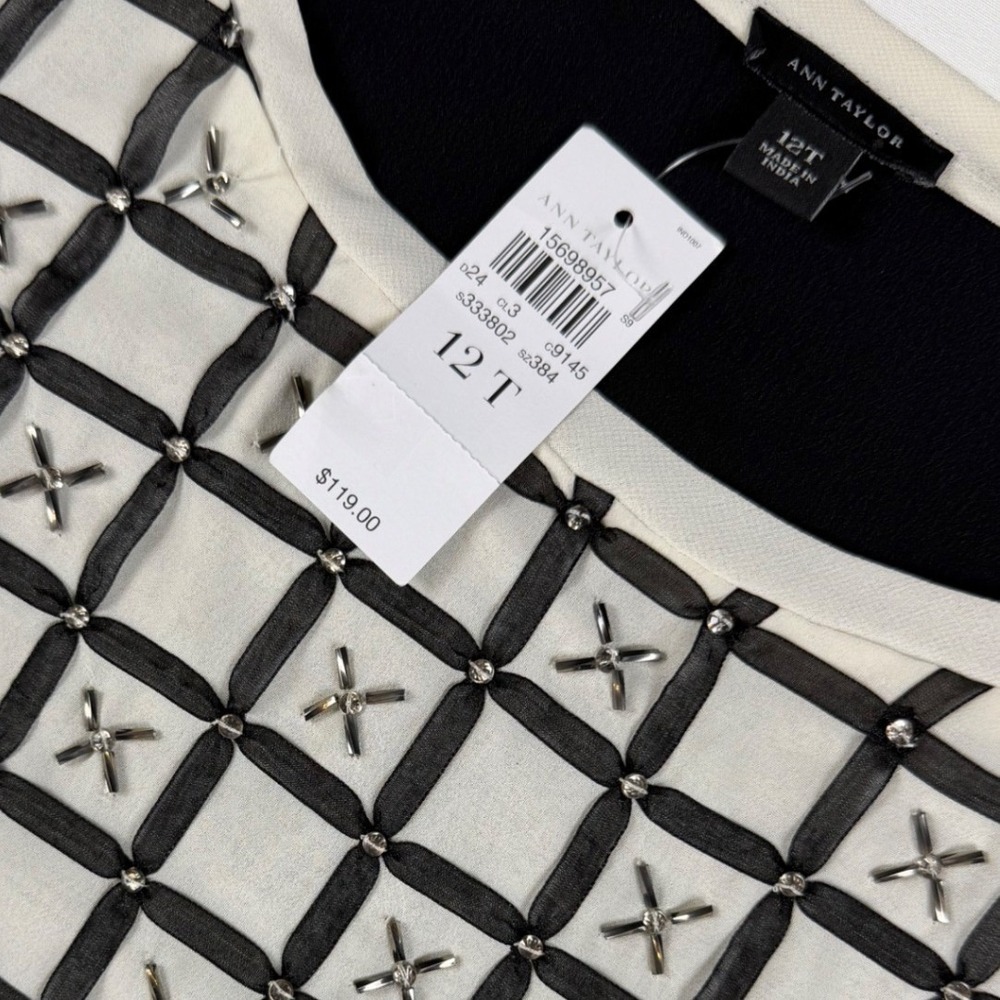 Ann Taylor Sleeveless Top Womens 12T Ivory Black Embellished Shell NWT NOTE